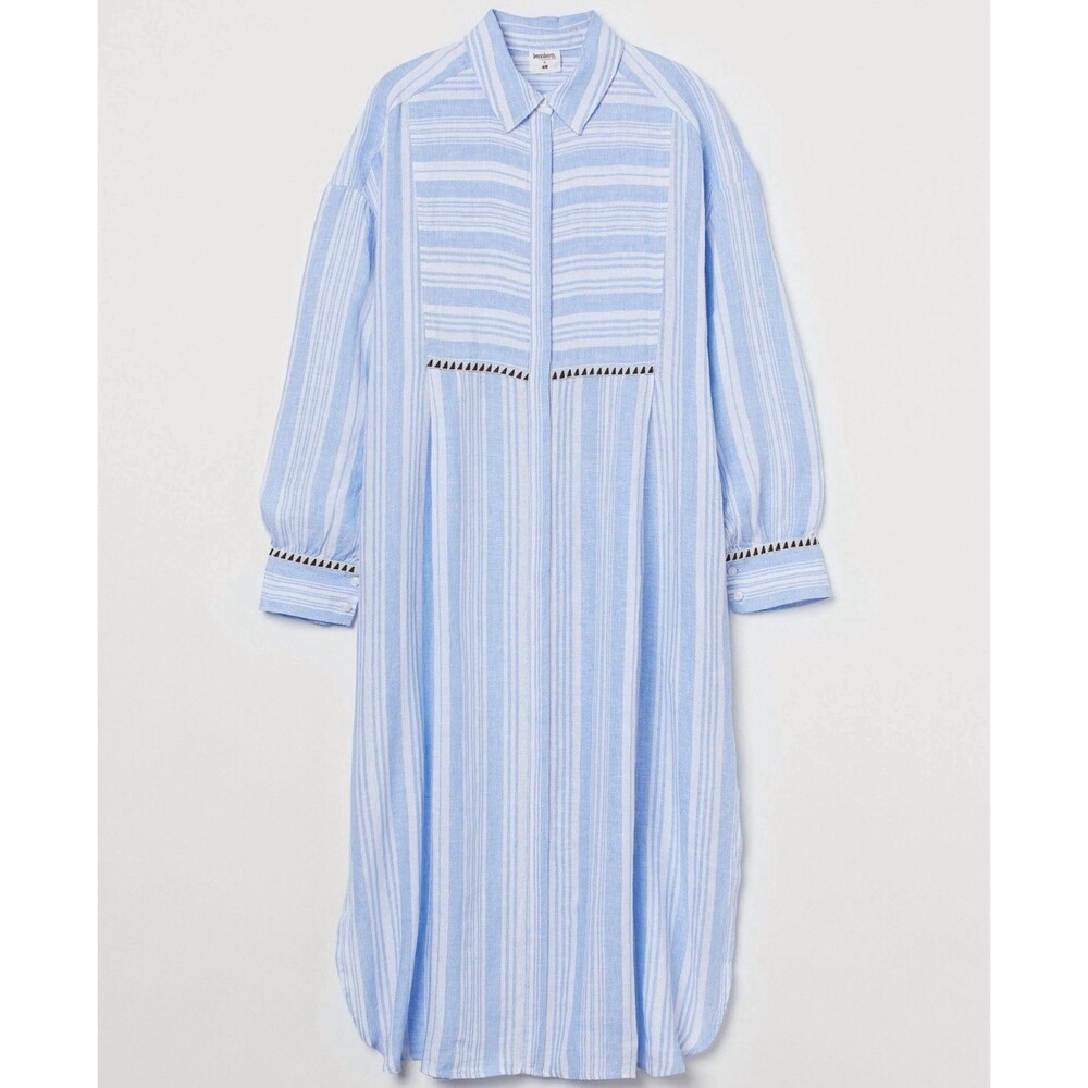 H&M Lemlem Blue Stripe  Linen Shirtdress Boho Beach Dress 2XL By Liya Kebede